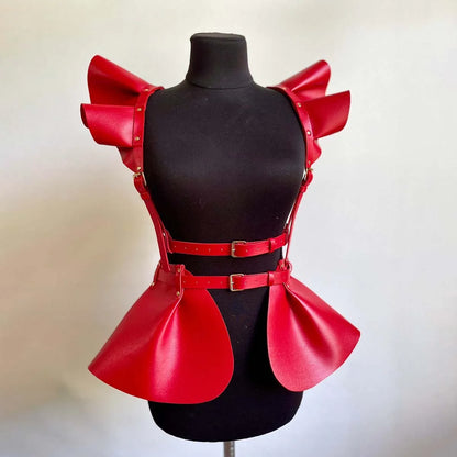 Women’s Gothic Leather Body Harness Belt – Skirt Accessory with Ruffle Hem, Waist & Shoulder Fashion Belt