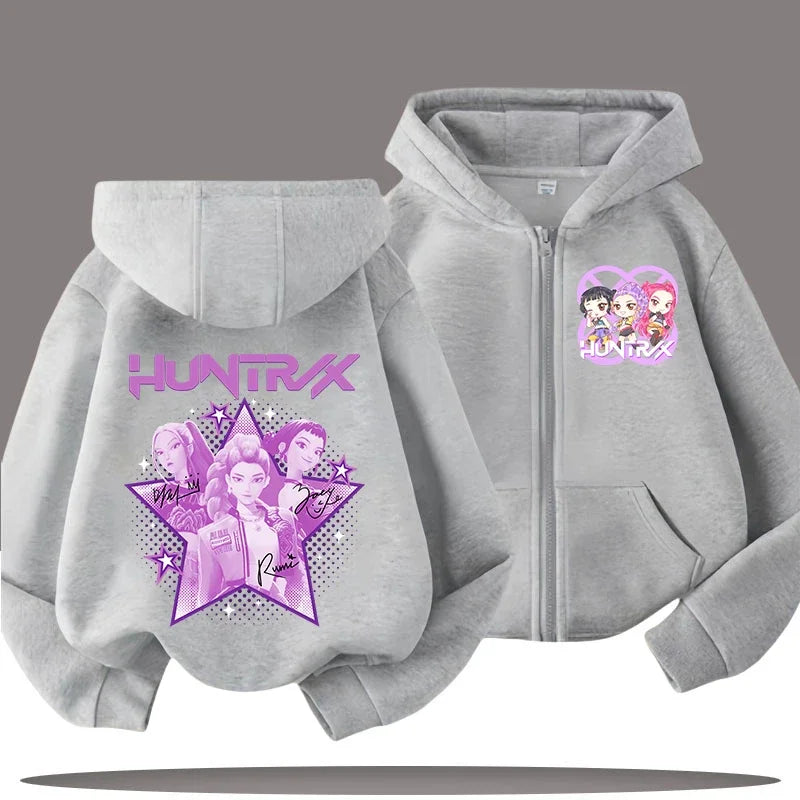 Funny Kpop Demon Hunters Zip-Up Sweatshirt – Kids Hoodie for Girls & Boys, Casual Zipper Hoody Top