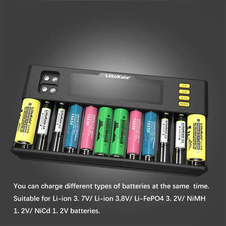 LiitoKala Lii-S12/Lii-S8 Battery Charger – LCD 18650, 21700, 26650, 26700, 20700, 18350, 9V IMR, NiMH/Cd, AA & AAA Rechargeable Batteries