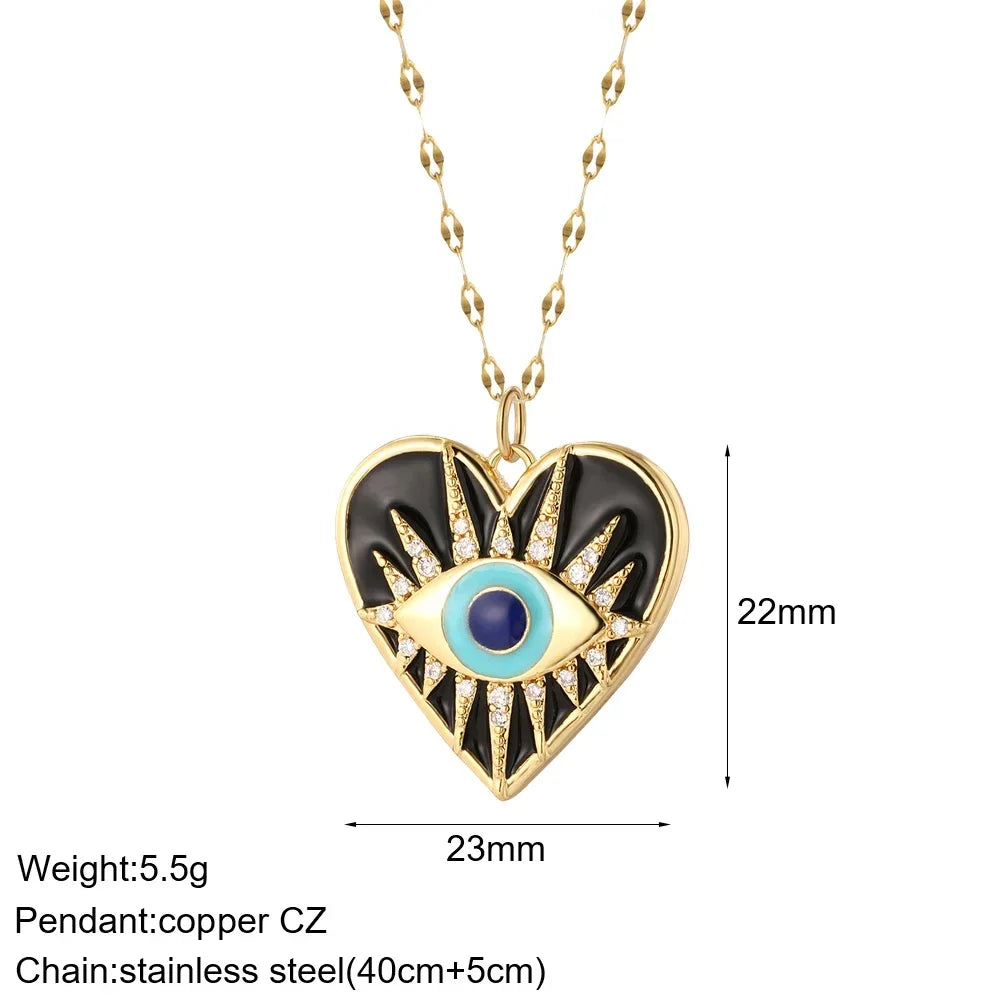 Heart Evil Blue Eye Sun Necklace – Cute Dog, Bee & Elephant Gold Pendant with Long Stainless Steel Chain for Women