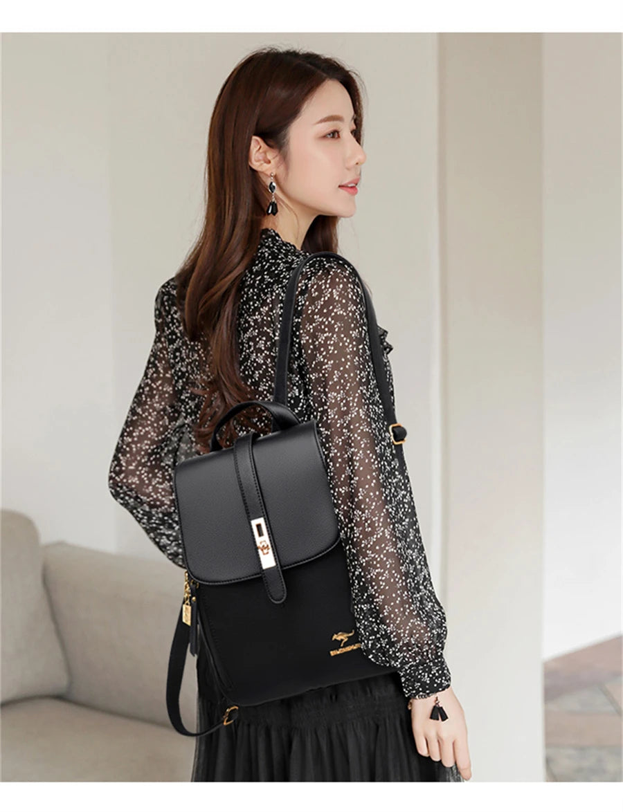 Luxury Leather Backpack for Women - Vintage Black Daypack, Casual School Bag for Girls, Mochila Rucksack Style