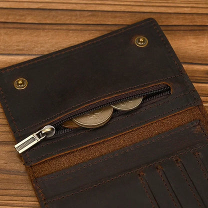 Men’s Genuine Leather Short Wallet with Chain – Trifold Zipper Clutch, Card Holder & Coin Purse