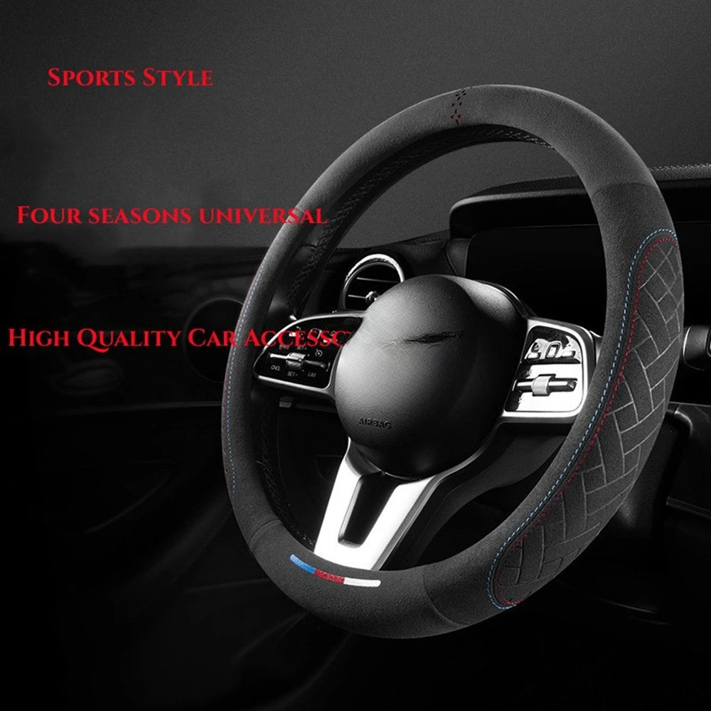 Universal Suede Leather Steering Wheel Cover – Breathable Anti-Slip Car Accessory for 37-38cm Wheels