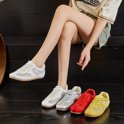 MORAZORA 2025 Women’s Split Leather Sneakers – Lace-Up Fashion Casual Flats in Beige & Pink