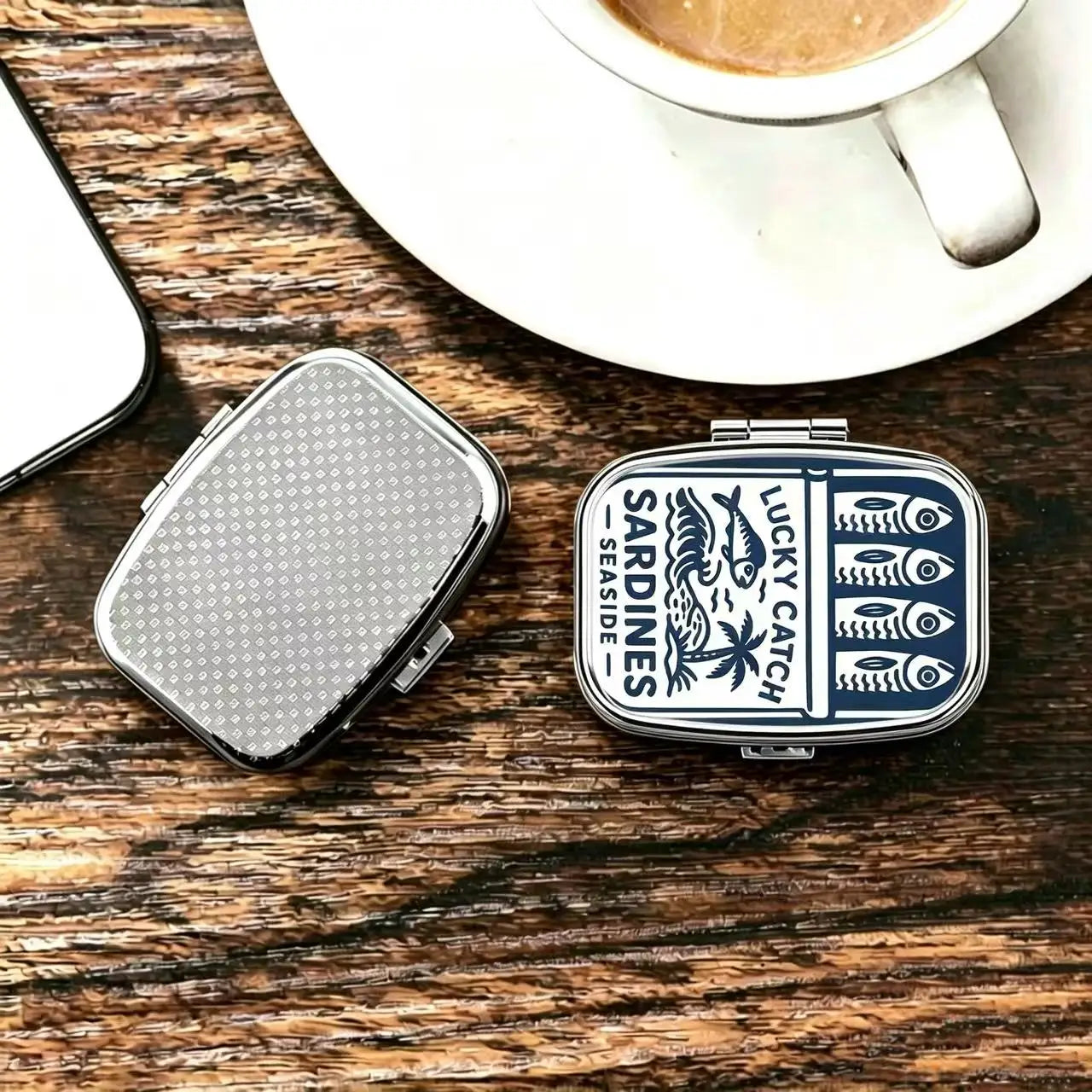 Lucky Catch Sardines Metal Pill Box - Portable 2-Compartment Travel Organizer for Pills & Vitamins
