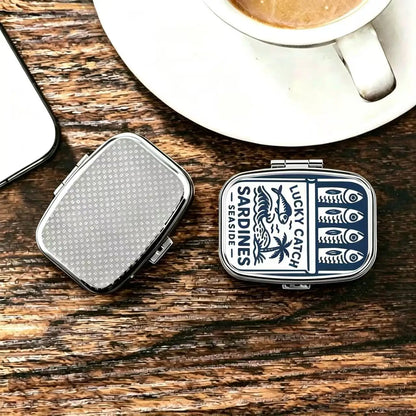 Lucky Catch Sardines Metal Pill Box - Portable 2-Compartment Travel Organizer for Pills & Vitamins