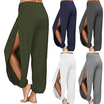 Women’s Summer High Slit Harem Pants – Loose Fit Wide Leg Yoga & Sports Trousers, Breathable Hippie Style Activewear