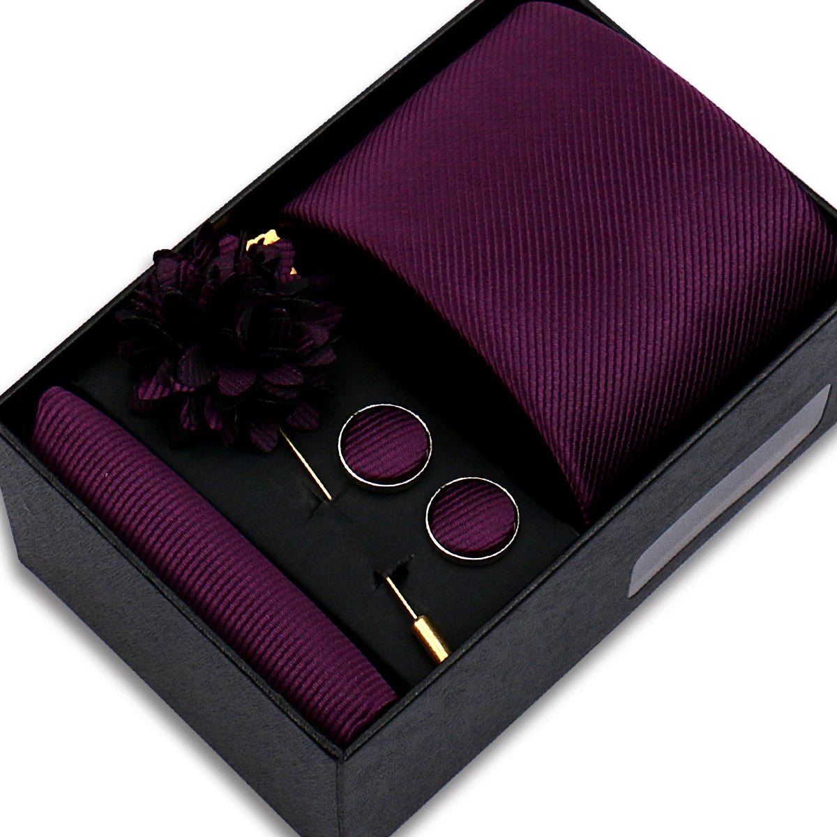 Men's Solid Color Tie Set - Jacquard Necktie, Hanky, Cufflinks & Brooch Gift Box for Weddings