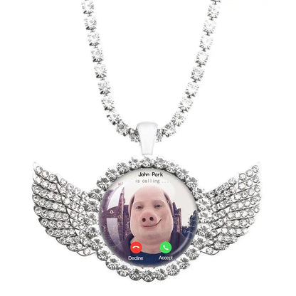 John Pork Calling Necklace - Funny Pig Lover Moon Pendant with Angel Wings Graphic Jewelry Gift
