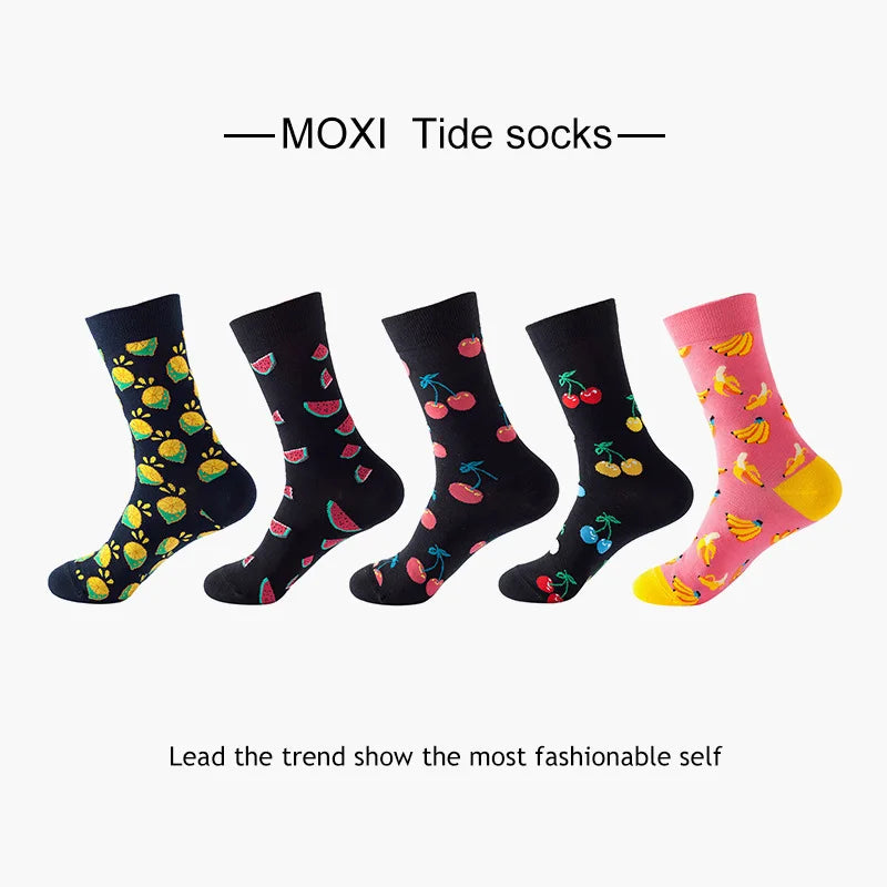 5-Pair Men’s Cotton Sports Socks Pack - Hip Hop Harajuku Pastel Print Long Tube Running Casual Socks