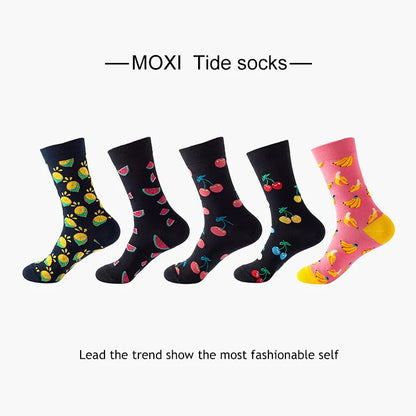 5-Pair Men’s Cotton Sports Socks Pack - Hip Hop Harajuku Pastel Print Long Tube Running Casual Socks