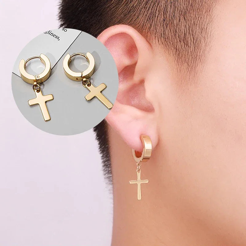 Stainless Steel Cross Star Dangle Earrings - Punk Gothic Hoop Huggie Jewelry for Men & Women