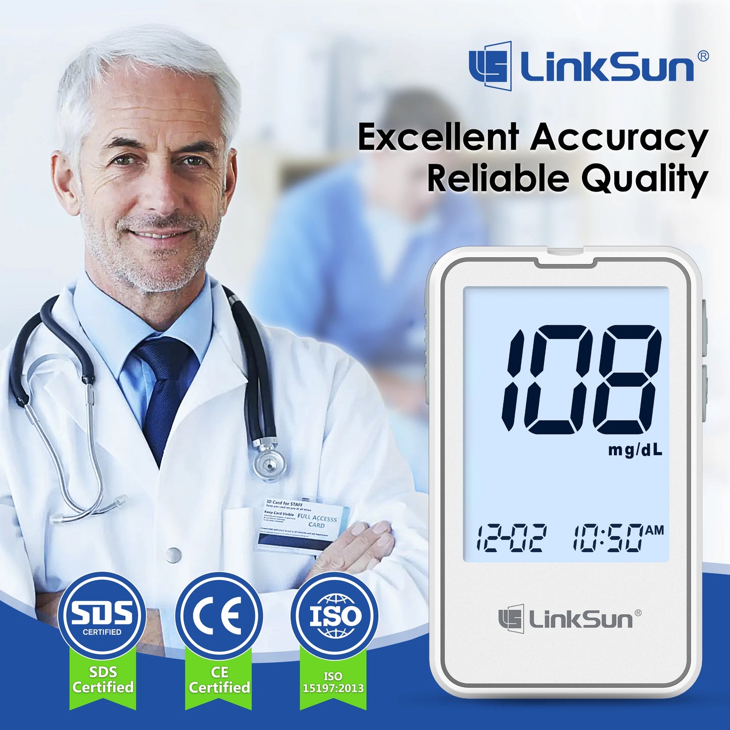 Linksun G-425-2 Blood Glucose Meter — 50/100PCS Test Strips, Digital Diabetes Testing Device, Blood Sugar Monitor