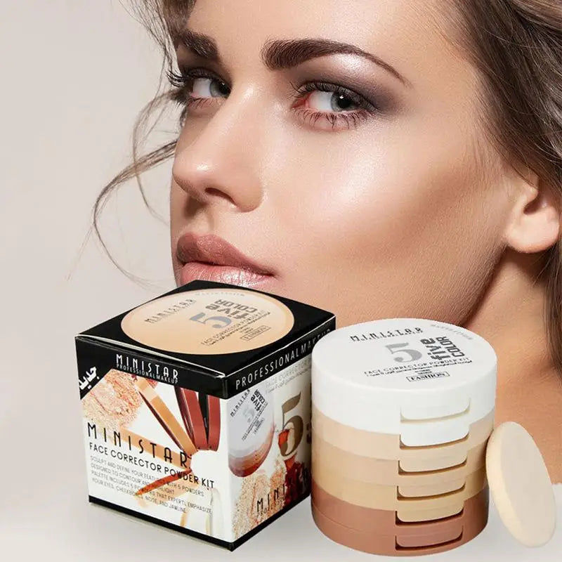 5-Color Concealer Contouring Powder Tower – Brightening & Oil Control Loose Setting Makeup Powder