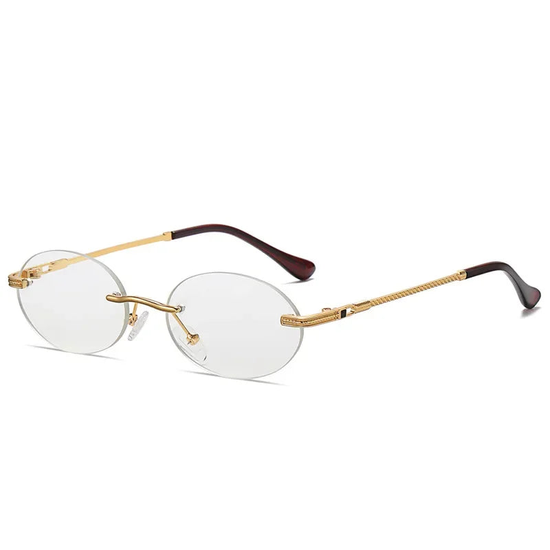 Retro Oval Rimless Sunglasses – Blue Mirror Gold Metal UV400 for Men & Women