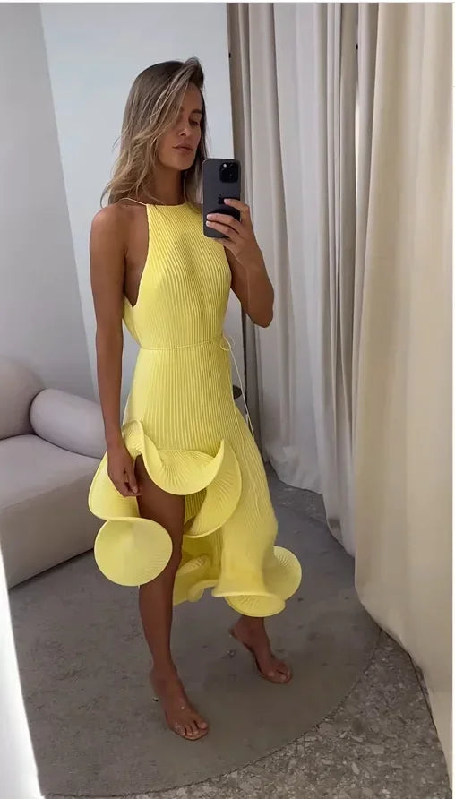 Women’s Yellow Halter Maxi Dress – Ribbed Knit, Ruffled High-Slit Slim-Fit Vestido, Spring 2026 Trendy Fashion