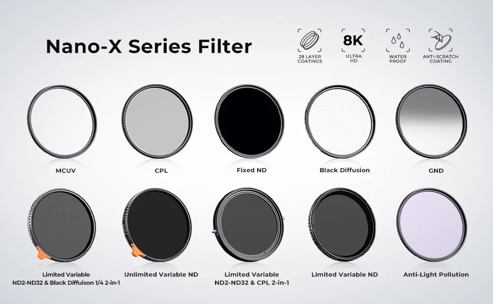 K&F Concept Variable ND Filter ND2–ND400 | HD Adjustable Neutral Density Lens Filter, 49mm–82mm
