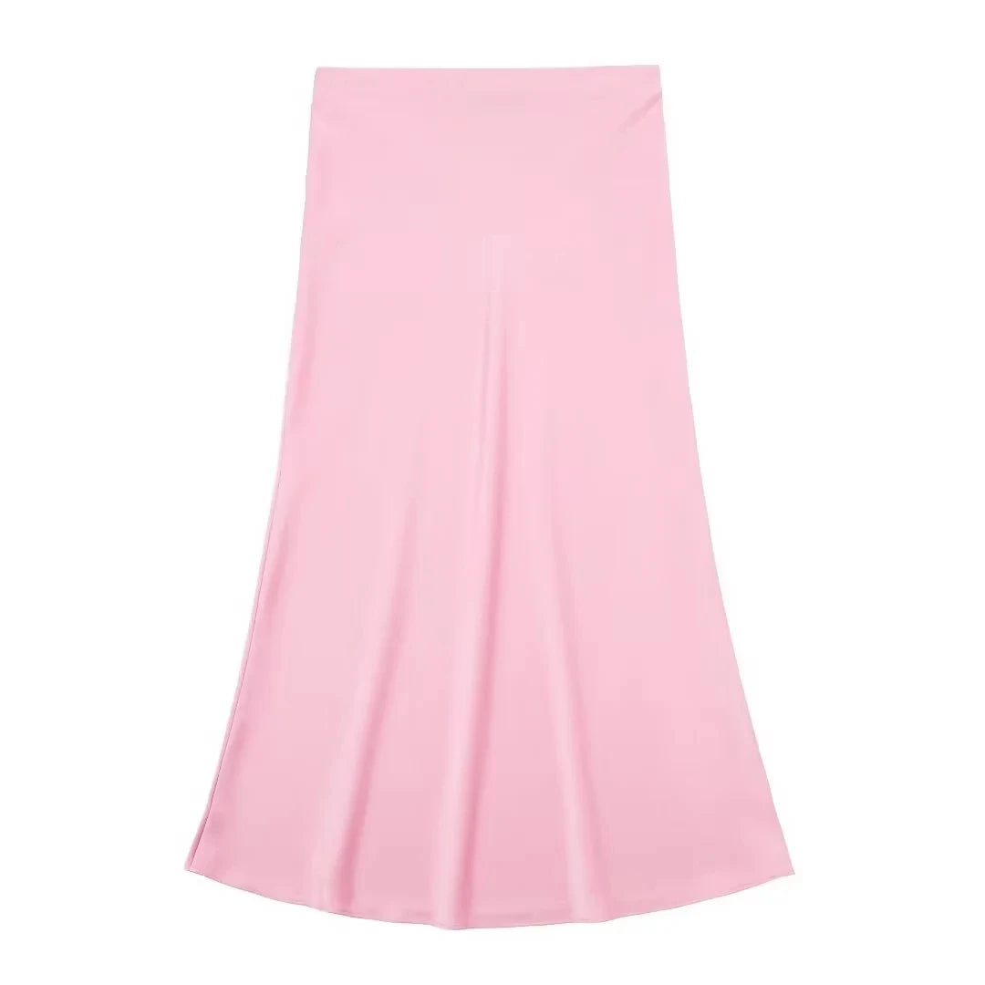 TRAFZA 2024 Y2K Women’s Long Skirt – Elastic High-Waist A-Line Satin Skirt for Spring Casual & High Street Fashion