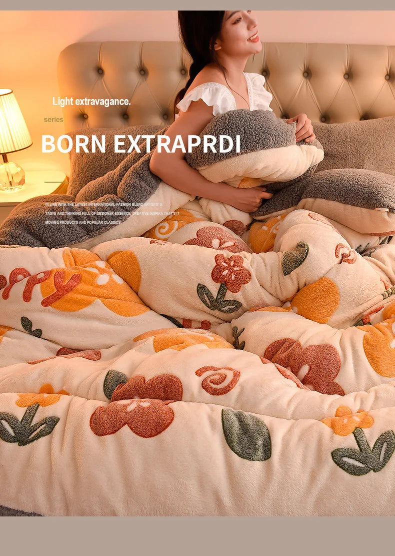 Plush Winter Lamb Velvet Quilt – Thickened Cotton, Double-Sided Warm Lamb Wool Blanket for Single & Double Beds
