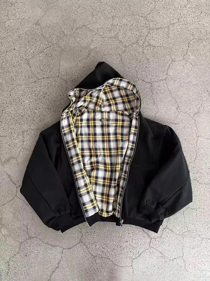 Women's Winter Plaid Hoodie - Warm Reversible Zip-Up Loose Fit Casual Sweatshirt
