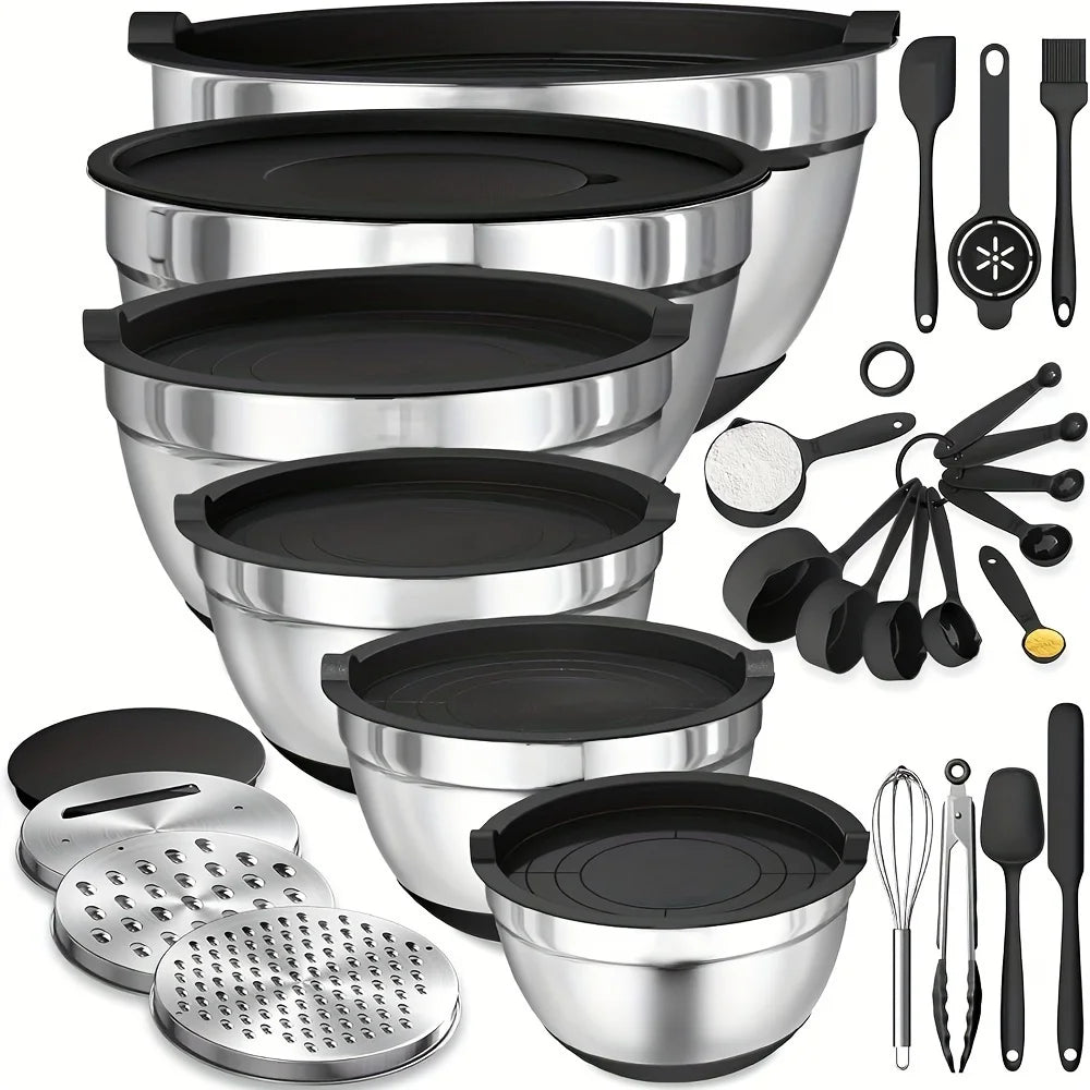 17pcs Stainless Steel Mixing Bowl Set with Lids and Grater Attachment – Non-Slip Kitchen Gadget for Mixing and Serving