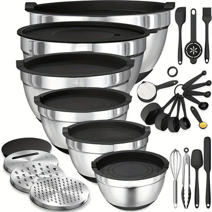 17pcs Stainless Steel Mixing Bowl Set with Lids and Grater Attachment – Non-Slip Kitchen Gadget for Mixing and Serving