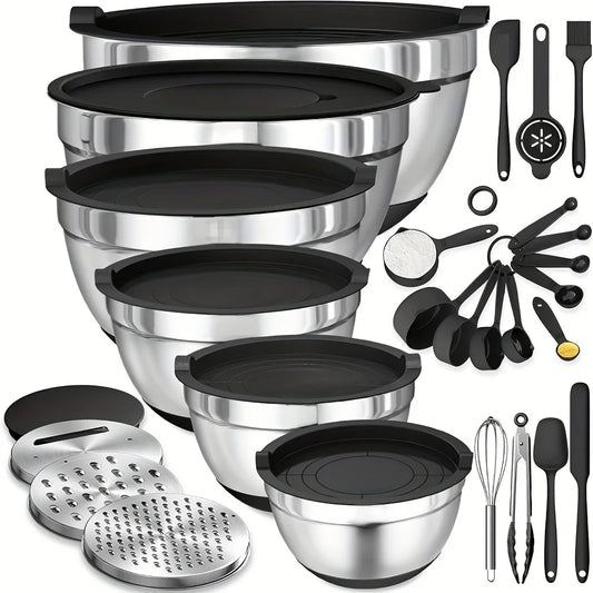 17pcs Stainless Steel Mixing Bowl Set with Lids and Grater Attachment – Non-Slip Kitchen Gadget for Mixing and Serving
