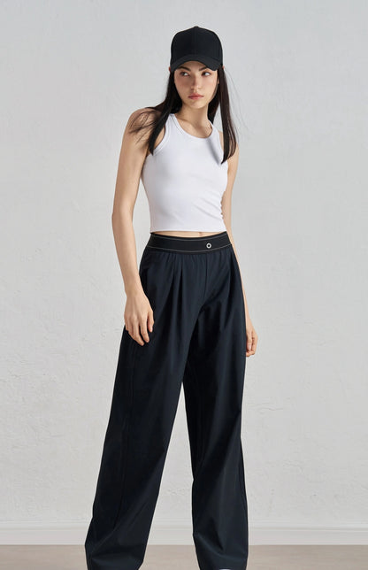 Women’s Summer Sports Yoga Pants – Wide Leg, Elastic Waist, Quick-Dry Black Fitness Trousers