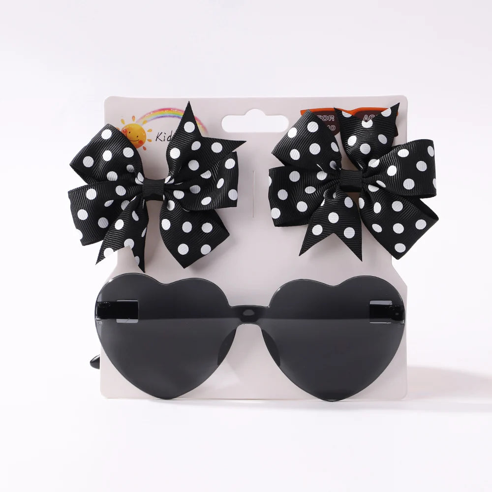 3Pcs/Pack Solid Dot Hair Bows – Colorful Boutique Bowknot Clips for Girls, Heart & Sunglasses Hair Accessories