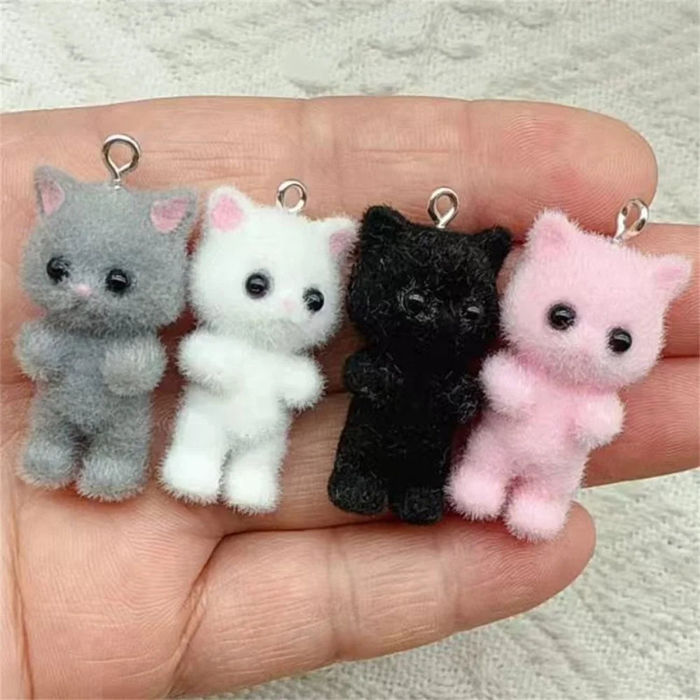 4-Piece Kawaii 3D Flocking Cat Charms - Colorful Resin Animal Pendants for Keychains, Necklaces & DIY Jewelry Making