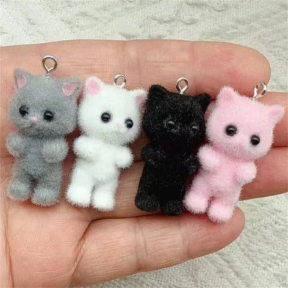 4-Piece Kawaii 3D Flocking Cat Charms - Colorful Resin Animal Pendants for Keychains, Necklaces & DIY Jewelry Making