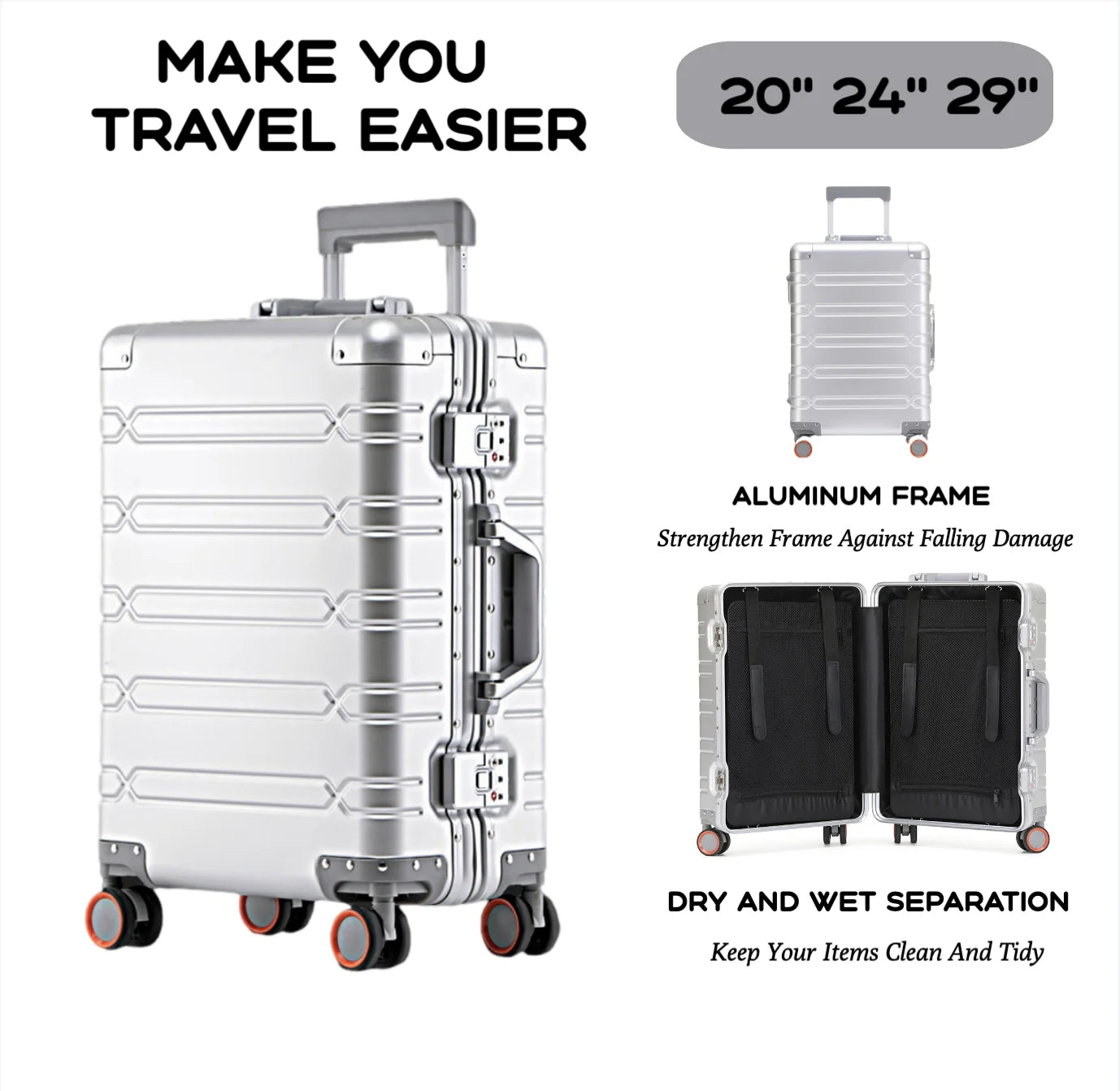 2024 Large Capacity Luggage Sets - Durable Aluminum Suitcase for Women - Carry-On Boarding Travel Options 20/24/29 Inch