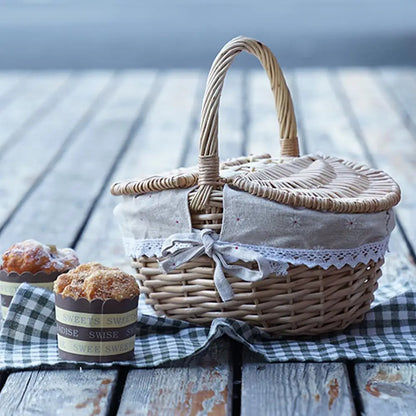 Handmade Wicker Picnic Basket with Handle – Multi-Purpose Willow Woven Storage Hamper for Outdoor Camping and Fruit