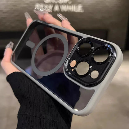 Luxury Magnetic Metal Lens Case – Hard Clear Protective Cover for iPhone 16, 15, 14, 13, 12, 11 Pro Max with Wireless Charging
