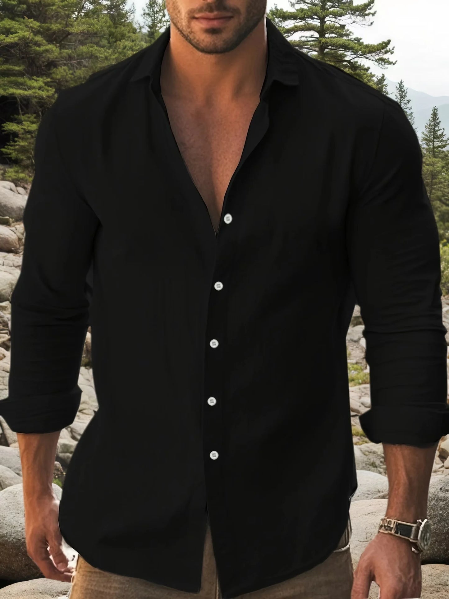 Men's Cotton Long Sleeve Shirt - Slim Fit Casual Button-Up Shirt with Roll-Up Cuffs