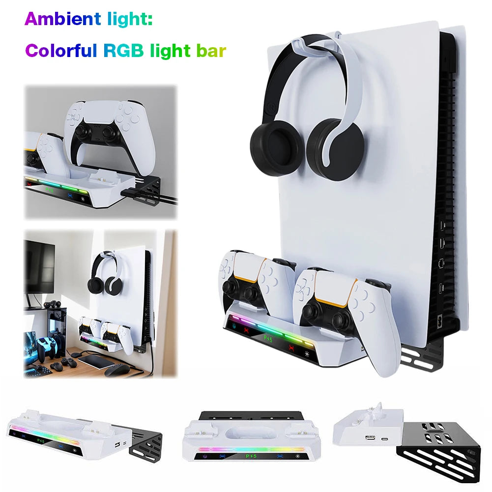 PS5/PS5 Slim Wall Mount Kit with Dual Controller Charging Station - Headset Holder for PlayStation 5 Accessories