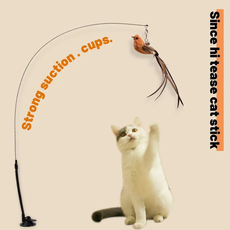 Upgraded Steel Wire Long Rod Feather Cat Teasing Stick: Epoxy Sucker, Self-Hi Cat Toy - No Harmful Ingredients