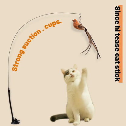 Upgraded Steel Wire Long Rod Feather Cat Teasing Stick: Epoxy Sucker, Self-Hi Cat Toy - No Harmful Ingredients