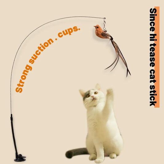 Upgraded Steel Wire Long Rod Feather Cat Teasing Stick: Epoxy Sucker, Self-Hi Cat Toy - No Harmful Ingredients