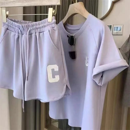 Women's 2-Piece Summer Pajamas Set – Loose Short Sleeve T-Shirt and Casual Shorts with Sports Letter Print, Large Size Homewear
