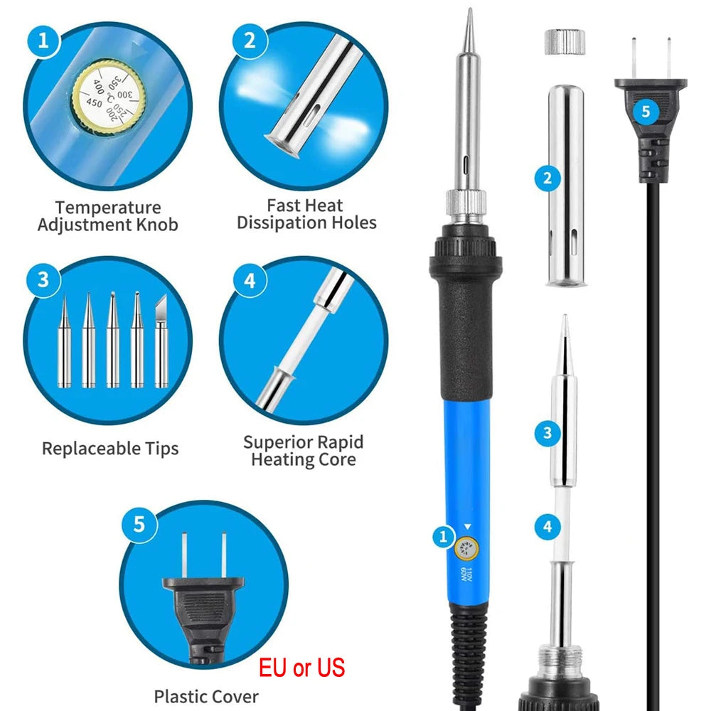 2026 60W Electric Soldering Iron Kit – Adjustable Temperature Welding Tool Set (10-in-1 / 16-in-1 / 20-in-1) with Replaceable Tips for Repair & DIY Projects