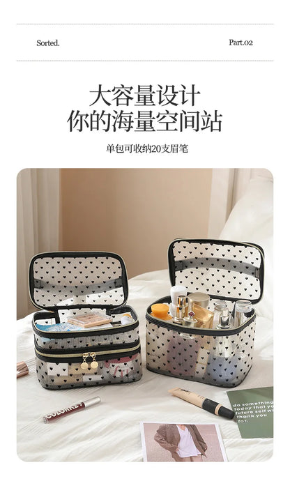 Double-Layer Black Mesh Cosmetic Bag – Large Capacity Travel Makeup Case Organizer with Zipper Toiletry Pouch
