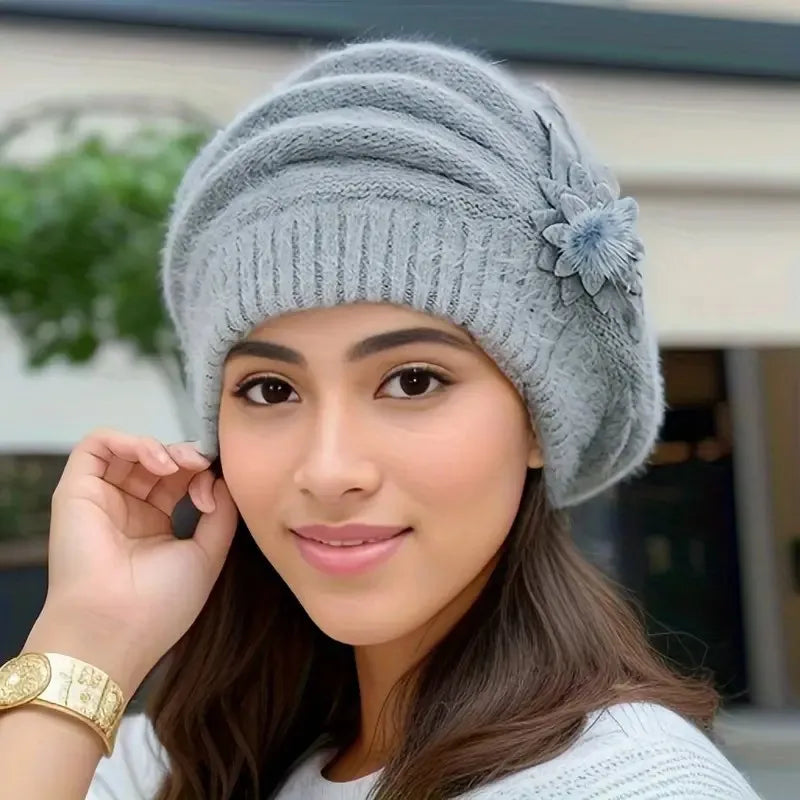 Women’s Winter Flower Beret – Thick Knitted Wool Hat, Warm Autumn & Winter Mom Hat