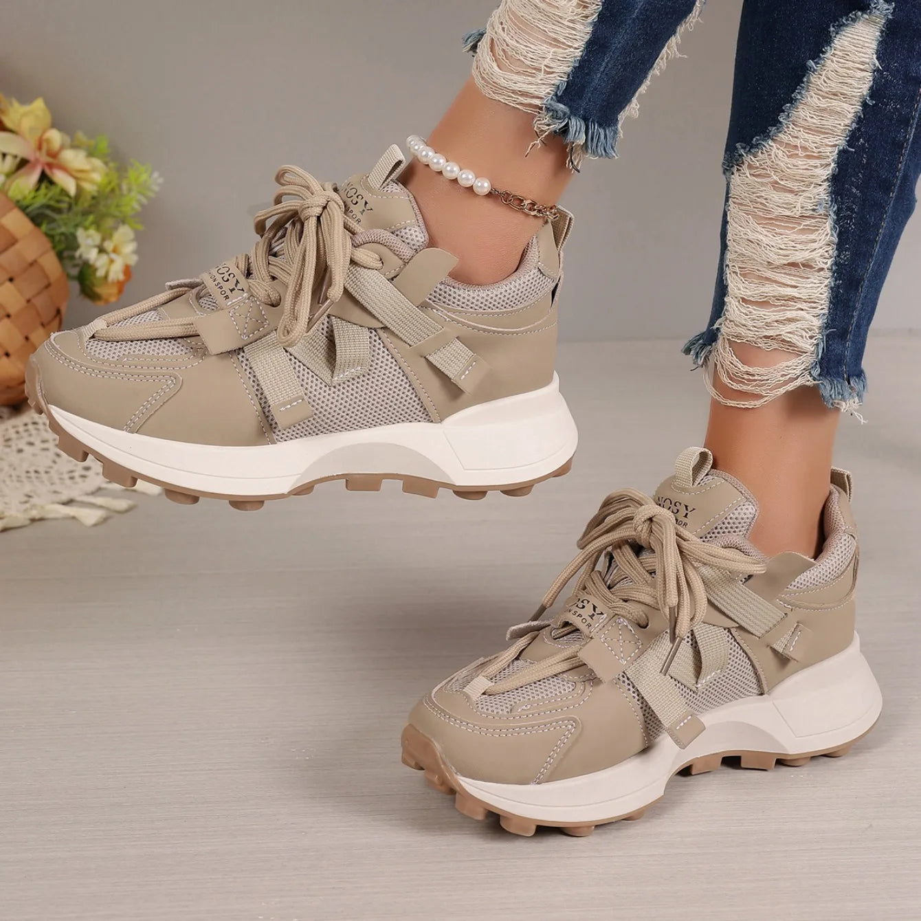 New Women’s Mesh Sneakers - Breathable Platform Lace-Up Casual Outdoor Low Top Shoes, Zapatos De Mujer
