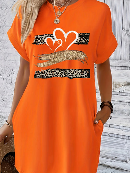 Women’s Heart Print Knit T-Shirt Dress - Casual Short Sleeve Crew Neck Top with Colorful Flag Design
