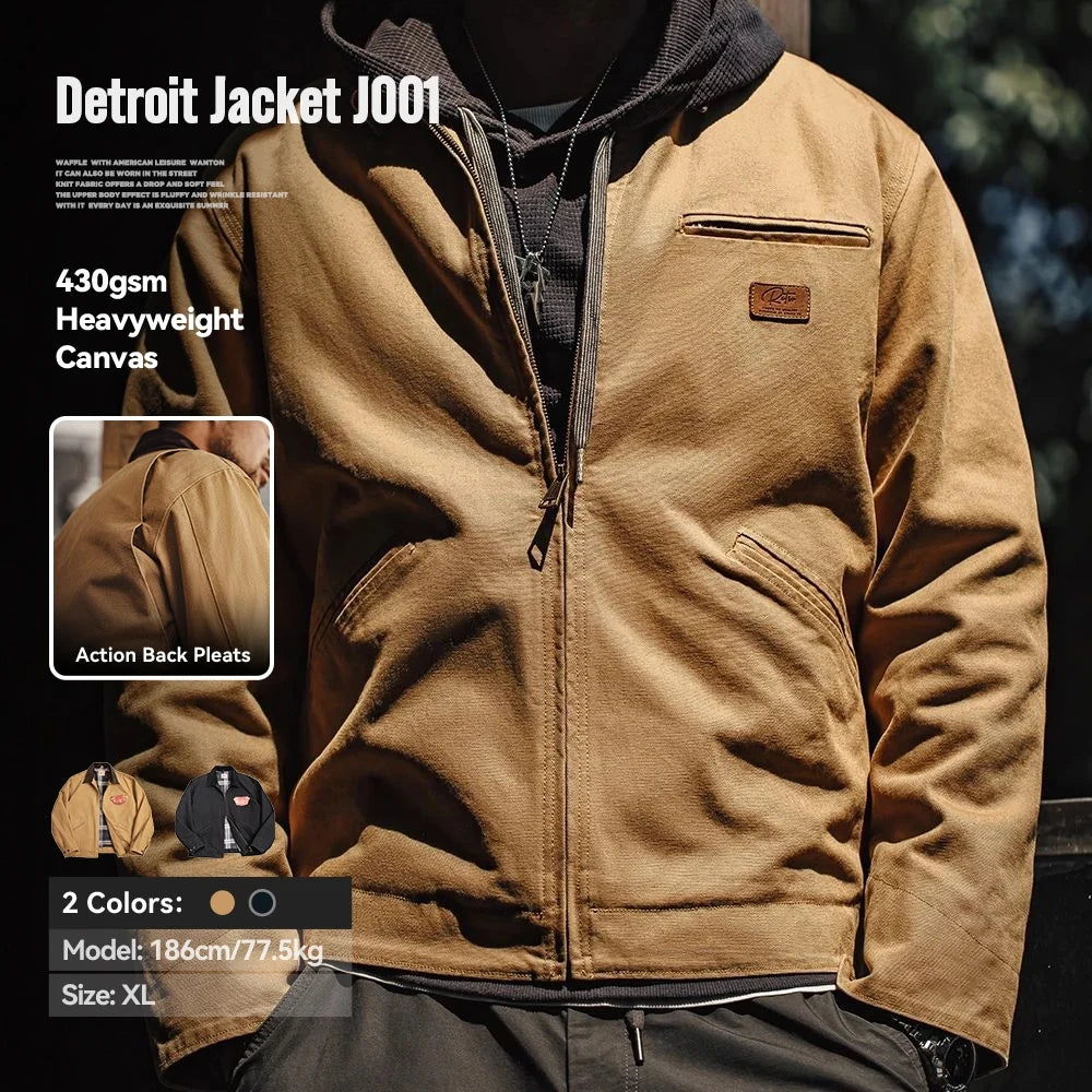 Maden Retro Canvas Jacket - Heavyweight Detroit Work Coat with Pockets & Lapel Collar