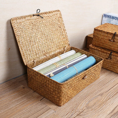 Hand-Woven Seaweed Storage Basket with Lid - Multi-Purpose Sundries Organizer, Cosmetic, Toy, and Clothes Container