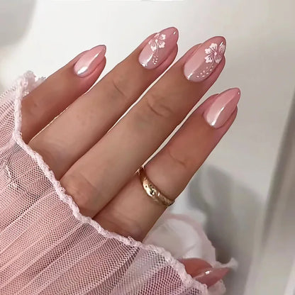 24pcs Goldfish Pattern Almond Press-On Nails – Simple Nude Pink Wearable Detachable False Nail Manicure Set