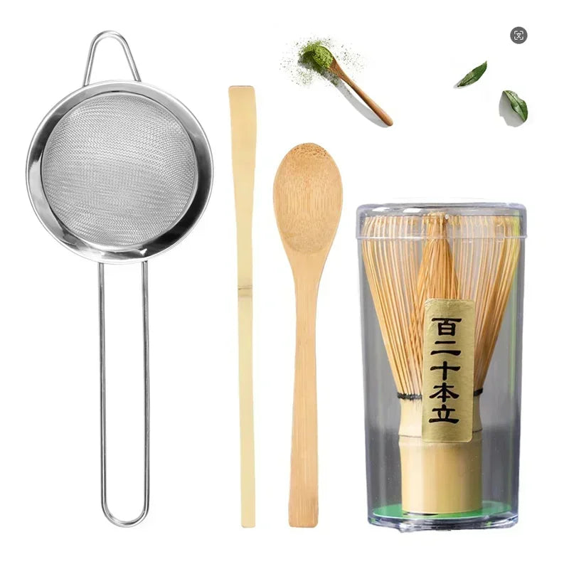 4-Piece Matcha Whisk Set - Handmade Bamboo Tea Whisk, Scoop, Strainer & Storage Holder