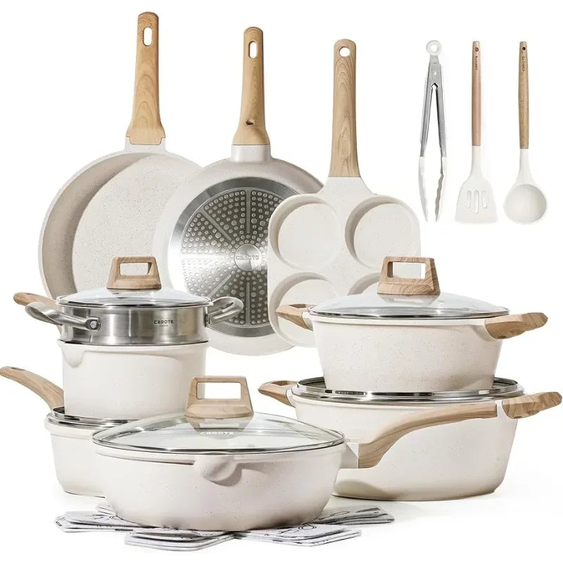 CAROTE 21 Piece White Granite Nonstick Cookware Set - Induction-Ready Pots, Pans, and Frying Pans